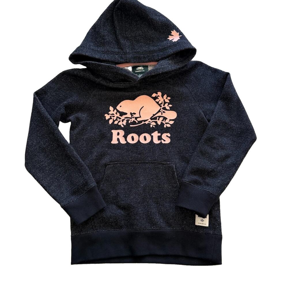 ROOTS Kids Girls Hooded Sweatshirt Pink Logo Sz M 7-8 Years EUC